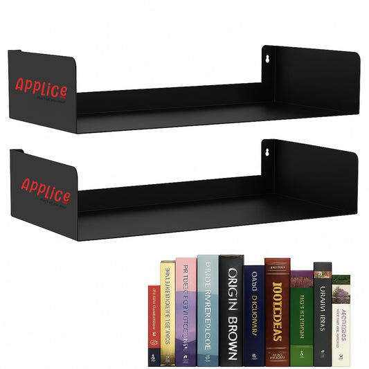 APPLICE Heavy Duty Wall Mounted Metal Bookshelf | Set of 2 Floating U-Shape Wall Shelves for Home, Decor, Book, CD, DVD & Display | Black