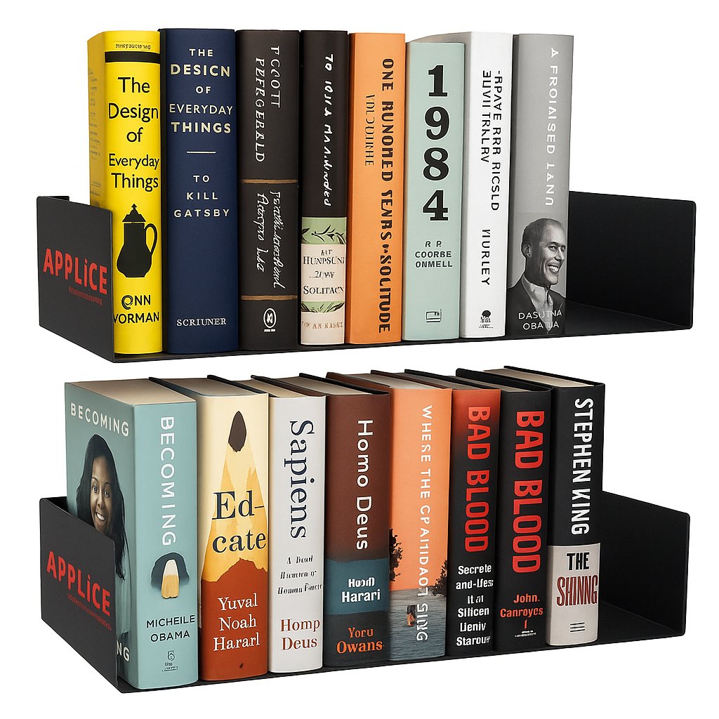 APPLICE Heavy Duty Wall Mounted Metal Bookshelf | Set of 2 Floating U-Shape Wall Shelves for Home, Decor, Book, CD, DVD & Display | Black
