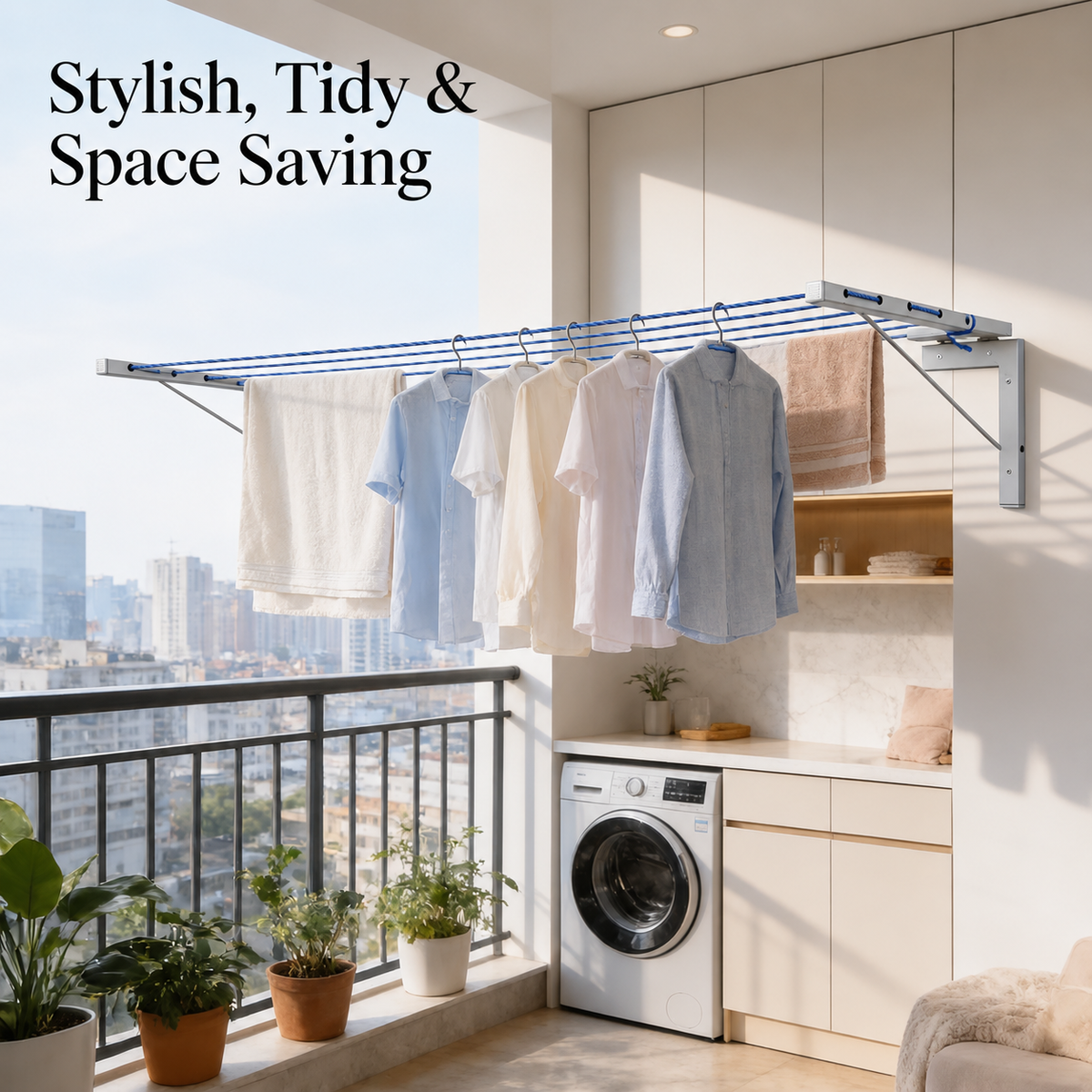 Foldable Wall Mount Cloth Drying Stand for Balcony with 50 Feet Rope | Space saving (L Type)