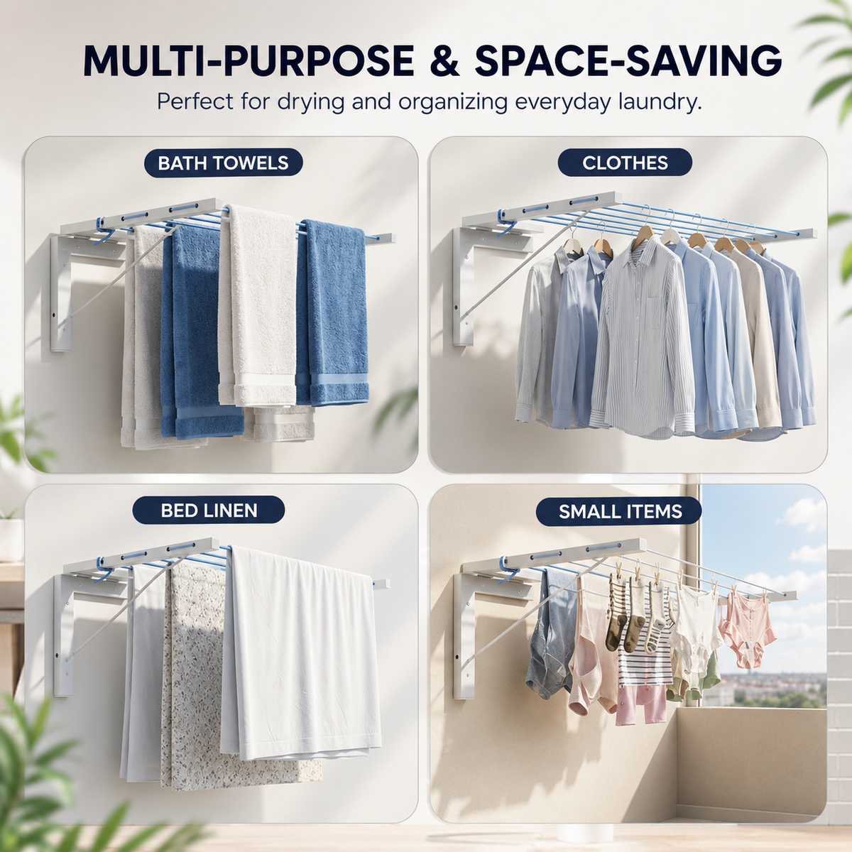 Foldable Wall Mount Cloth Drying Stand for Balcony with 50 Feet Rope | Space saving (L Type)