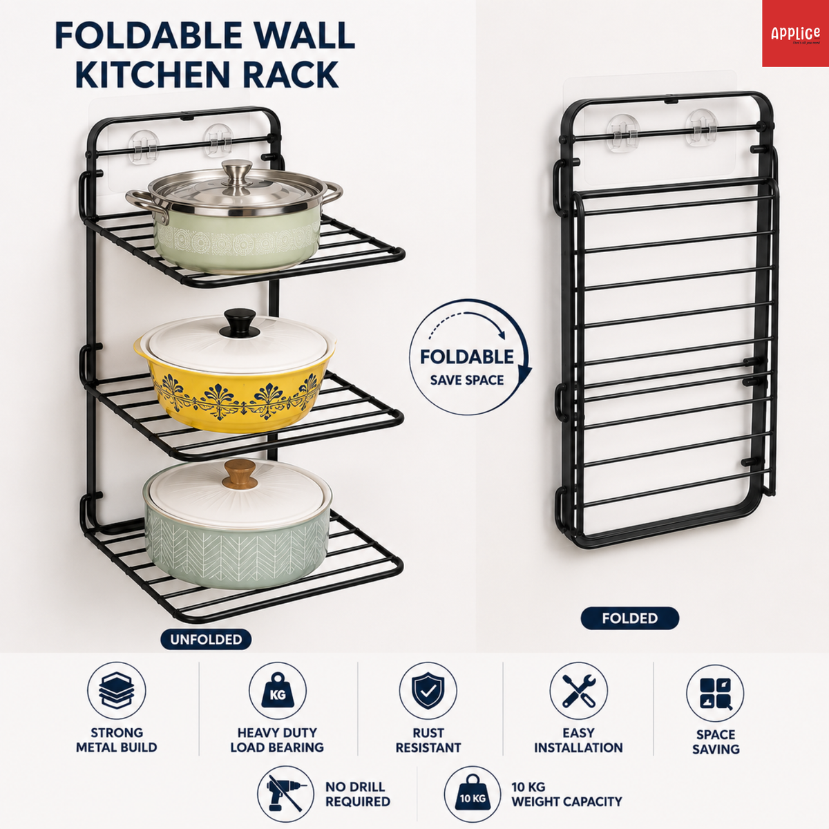 APPLICE Wall-Mounted Multifunctional Storage Rack | Space-Saving Organizer Shelf for Kitchen, Bathroom, Bedroom & Office | Storage for Toiletries, Spices, Cosmetics, Cleaning Supplies