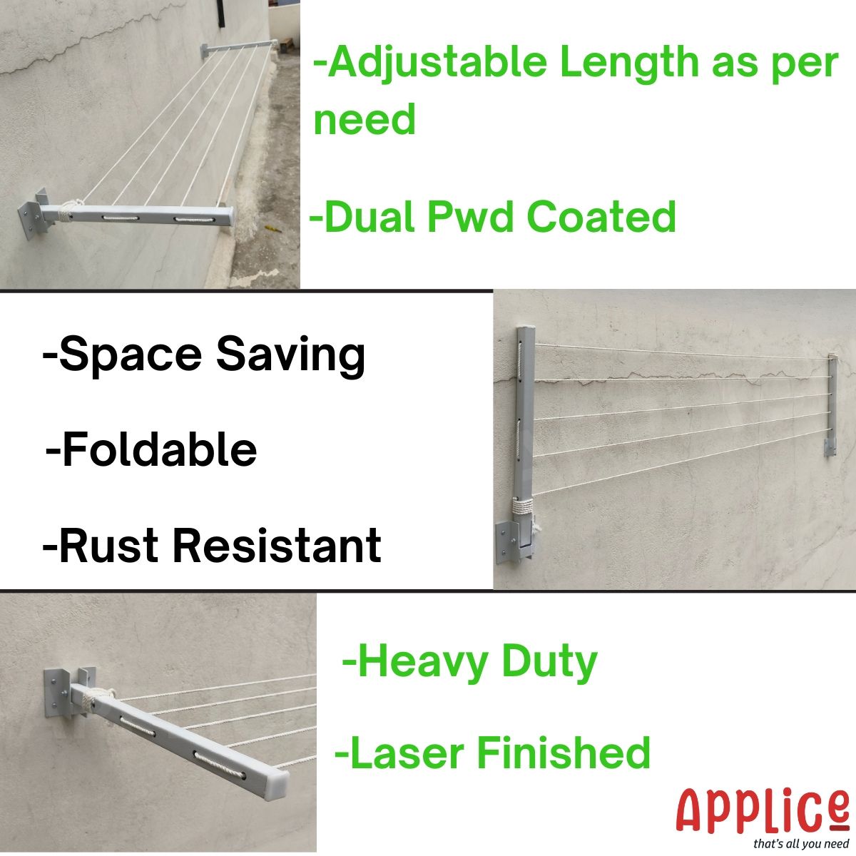 APPLICE Metal Wall Mounted Foldable Cloth Drying Stand for Balcony – Heavy Duty 5 Layer (40 Feet Rope) | Wall Mount Cloth Drying Stand | Clothes Drying Hanger Stand