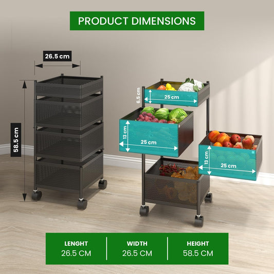 APPLICE 3-Tier Metal Rotating Kitchen Trolley with 360-Degree Rotating Wheels/Spice Rack/Vegetable & Fruit Storage/Organizer Holder/Onion-Potato Storage Basket for Kitchen/Vegetable Storage Stand