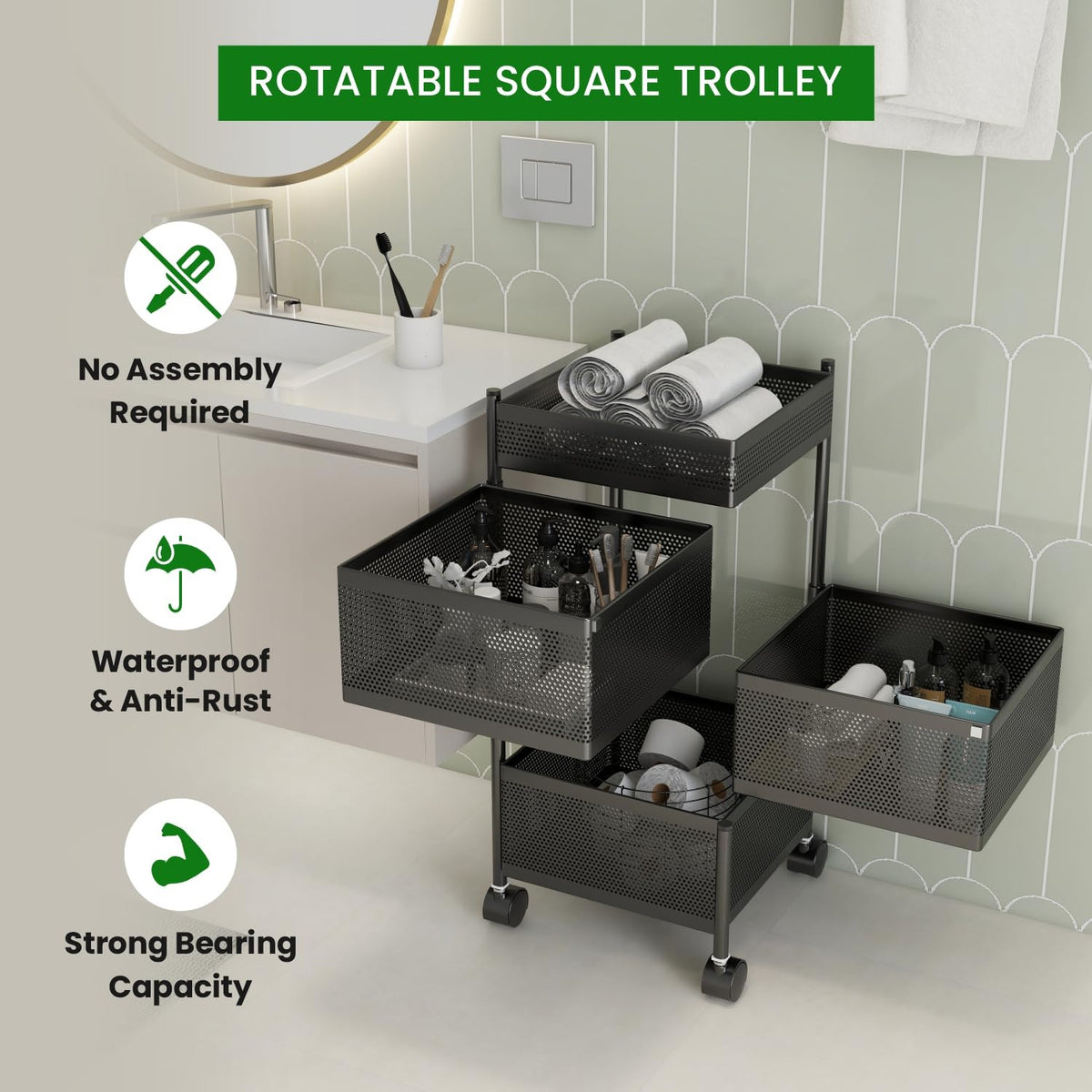 APPLICE 3-Tier Metal Rotating Kitchen Trolley with 360-Degree Rotating Wheels/Spice Rack/Vegetable & Fruit Storage/Organizer Holder/Onion-Potato Storage Basket for Kitchen/Vegetable Storage Stand