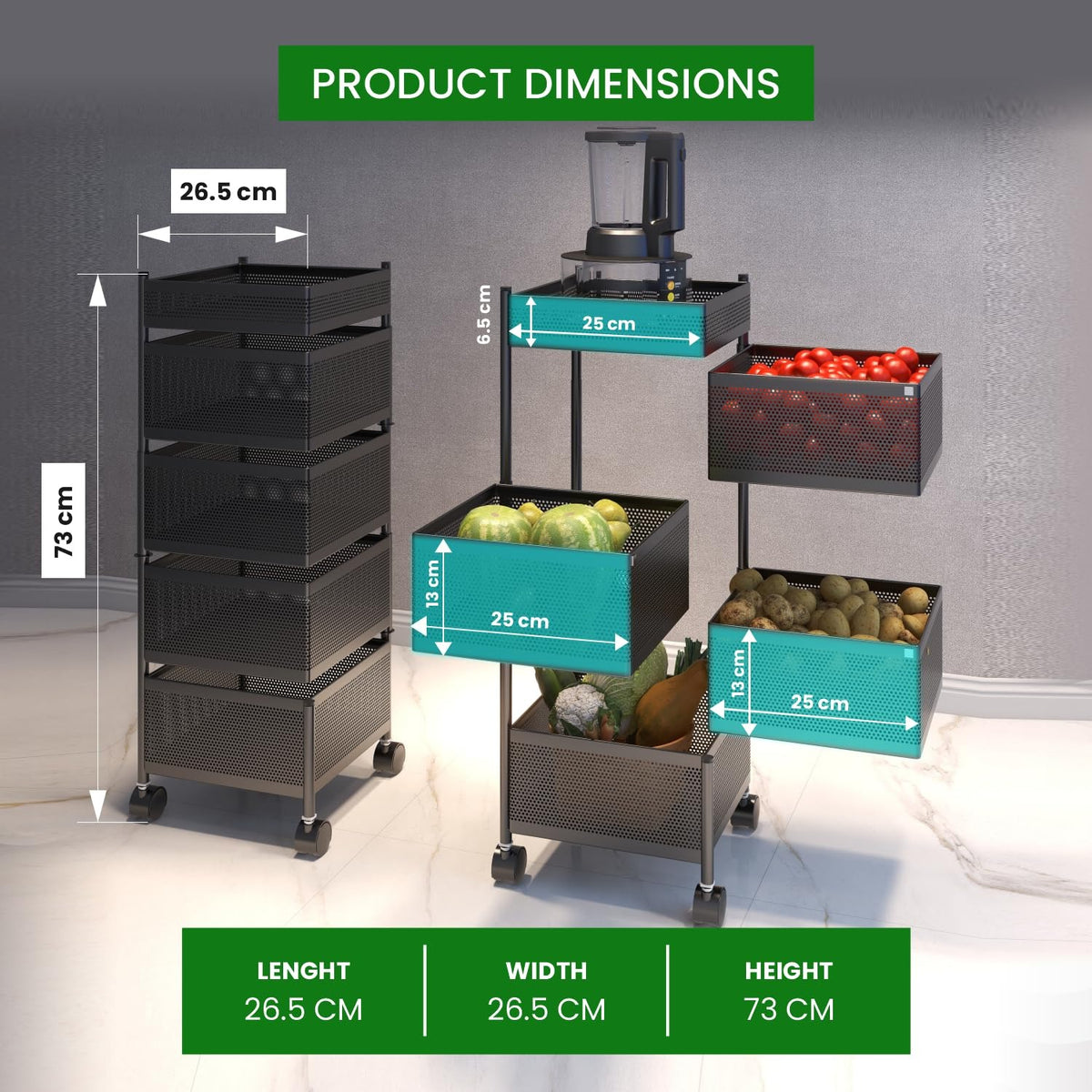 APPLICE Rotating Kitchen Trolley with Wheels, Multipurpose Metal Kitchen Storage Rack for Home, Vegetable Stand & Onion Potato Rack for Kitchen, 4 Layer Organizer Basket