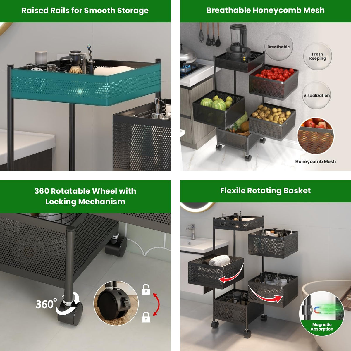 APPLICE Rotating Kitchen Trolley with Wheels, Multipurpose Metal Kitchen Storage Rack for Home, Vegetable Stand & Onion Potato Rack for Kitchen, 4 Layer Organizer Basket