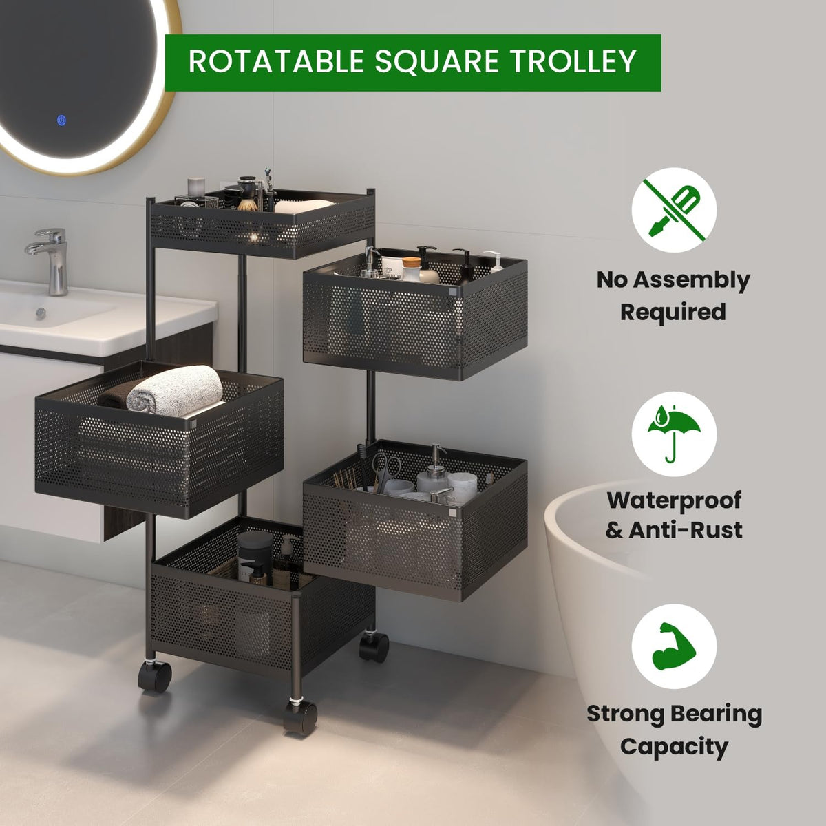 APPLICE Rotating Kitchen Trolley with Wheels, Multipurpose Metal Kitchen Storage Rack for Home, Vegetable Stand & Onion Potato Rack for Kitchen, 4 Layer Organizer Basket