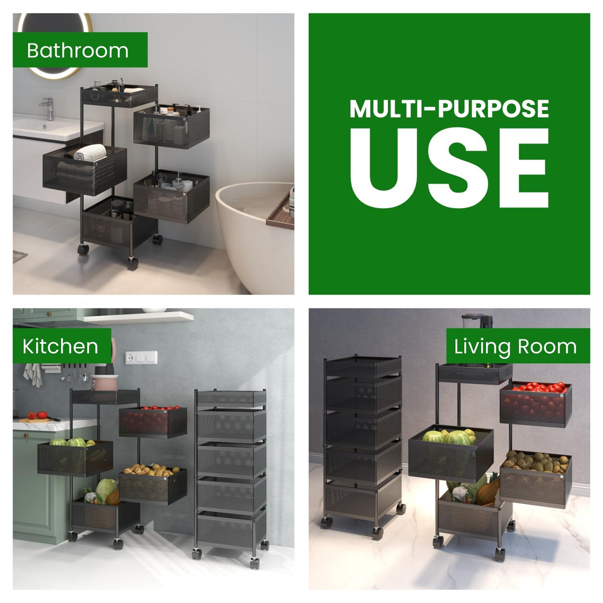 APPLICE 3-Tier Metal Rotating Kitchen Trolley with 360-Degree Rotating Wheels/Spice Rack/Vegetable & Fruit Storage/Organizer Holder/Onion-Potato Storage Basket for Kitchen/Vegetable Storage Stand