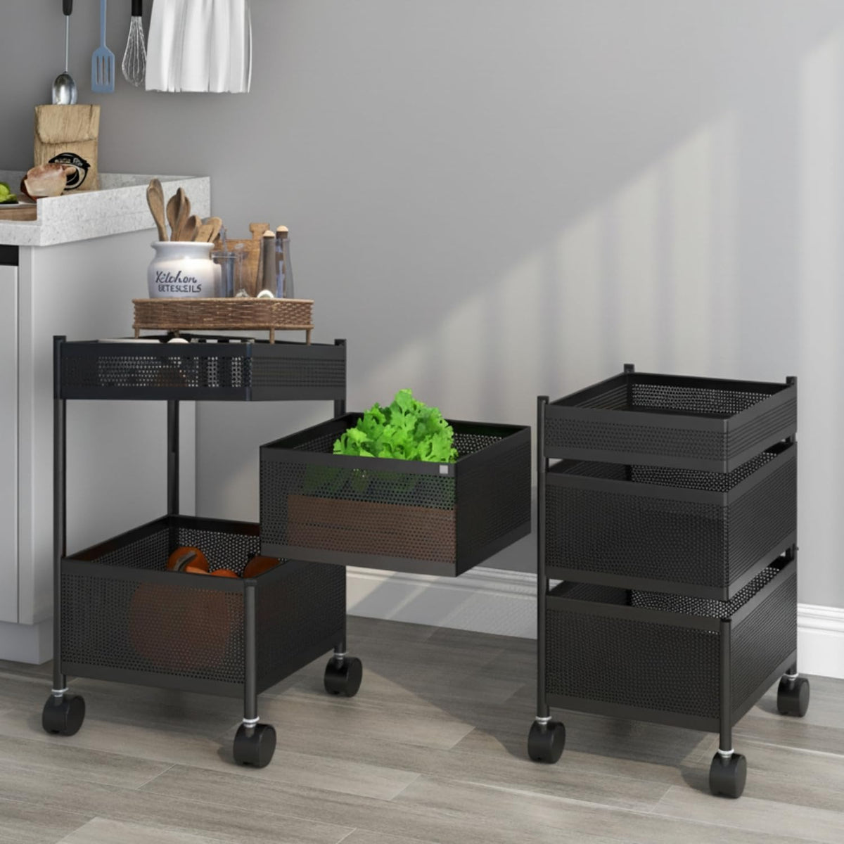 APPLICE Kitchen Trolley with Wheels | 2-Layer Metal Vegetable Basket Stand & Kitchen Storage Rack | Multipurpose Kitchen Organizer for Onion Potato Storage (Small,Black)