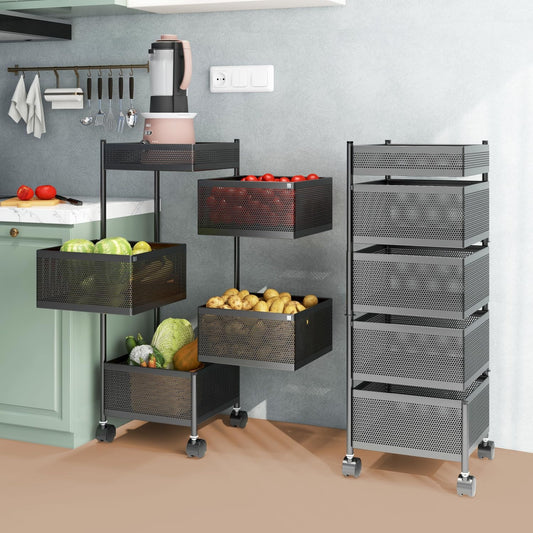 APPLICE Rotating Kitchen Trolley with Wheels, Multipurpose Metal Kitchen Storage Rack for Home, Vegetable Stand & Onion Potato Rack for Kitchen, 4 Layer Organizer Basket