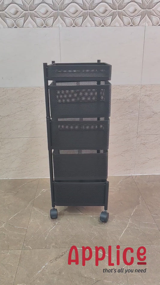 APPLICE Rotating Kitchen Trolley with Wheels, Multipurpose Metal Kitchen Storage Rack for Home, Vegetable Stand & Onion Potato Rack for Kitchen, 4 Layer Organizer Basket