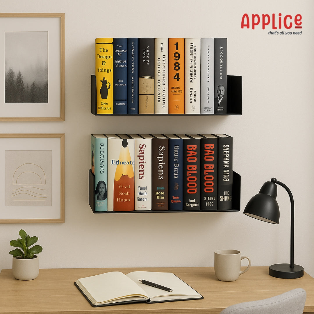 APPLICE Heavy Duty Wall Mounted Metal Bookshelf | Set of 2 Floating U-Shape Wall Shelves for Home, Decor, Book, CD, DVD & Display | Black